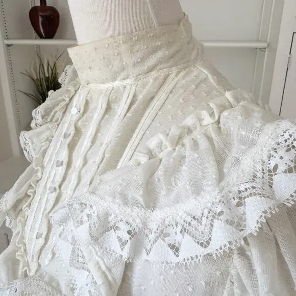 Vintage 50s Handmade Ivory Swiss Dot Lace Tiered Ruffle High Neck Dress Size S/6 - Picture 6 of 10